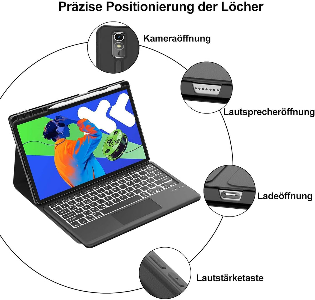 Hülle mit Tastatur für Lenovo idea Tab Pro 12.7" 2025 con Touchpad, Bluetooth 7 Farbige Beleuchtung