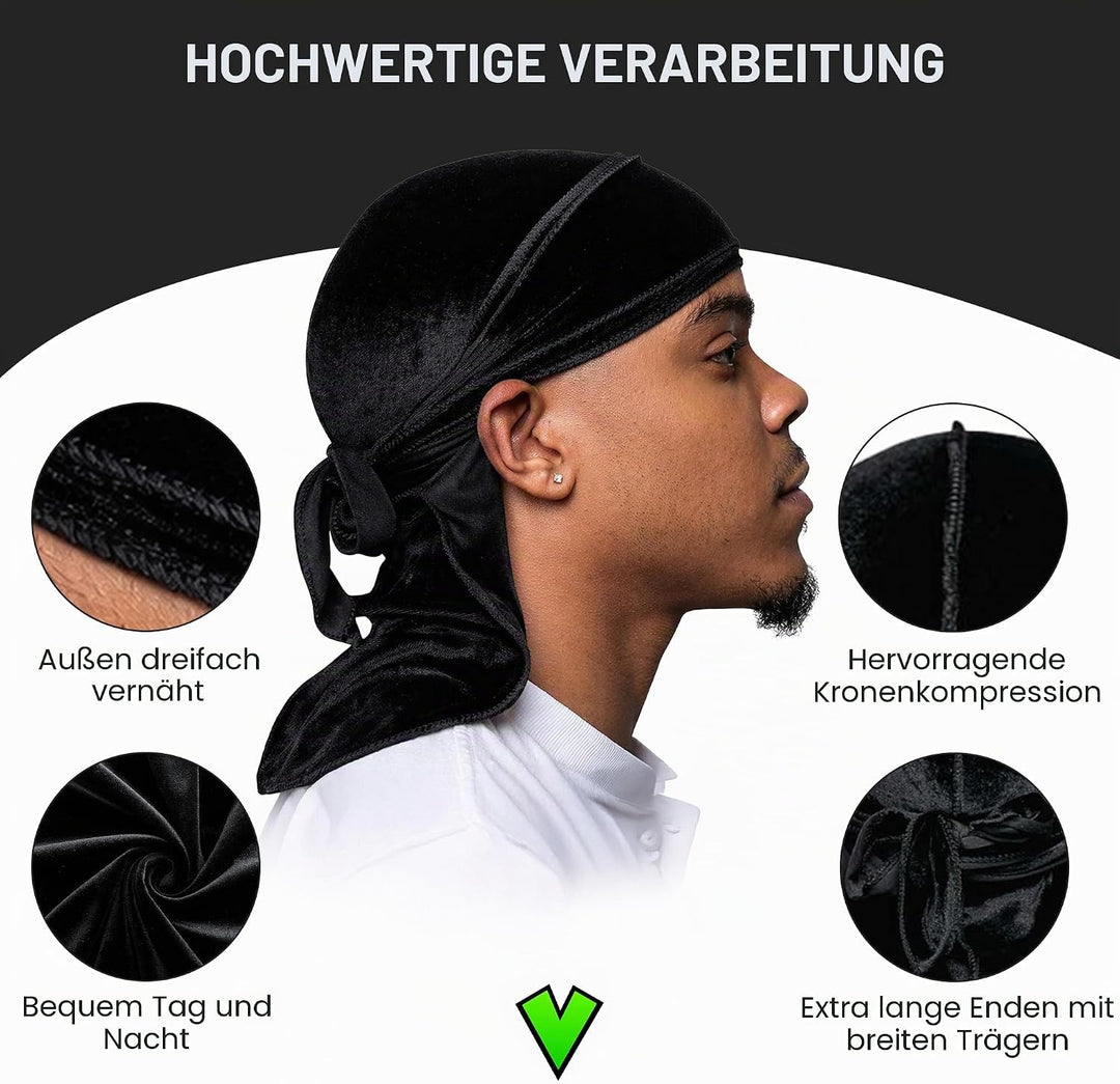 Veeta Superior Velvet Durag – Weiche Samt-Durags für Männer und Frauen, Lange, doppelt breite Träger