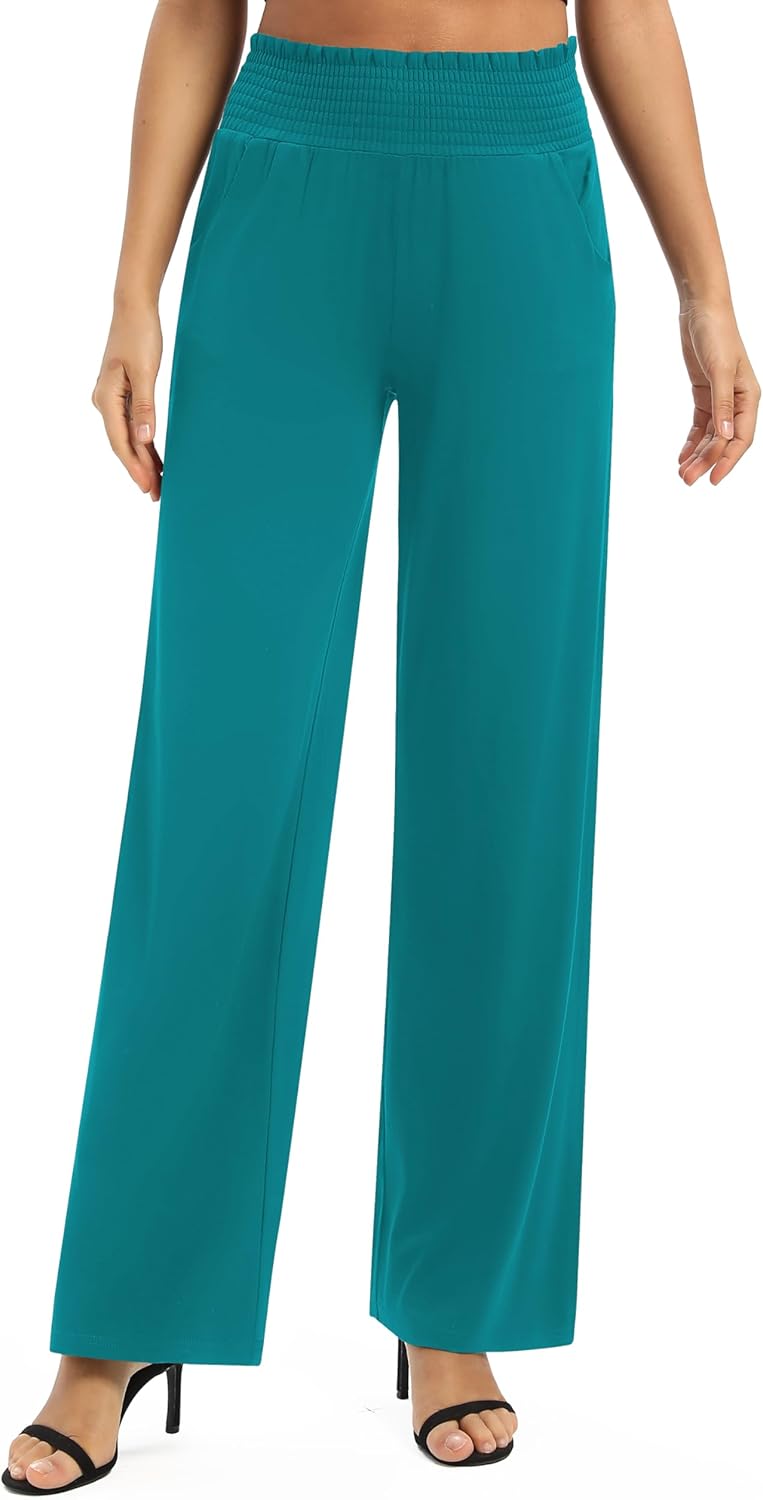 EXCHIC Damen Leichtgewicht Elastisch Hohe Taille Hose Casual Weite Bein Dehnbar Lounge Hosen mit Tas