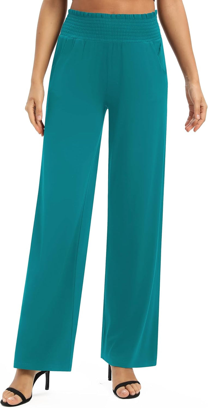 EXCHIC Damen Leichtgewicht Elastisch Hohe Taille Hose Casual Weite Bein Dehnbar Lounge Hosen mit Tas