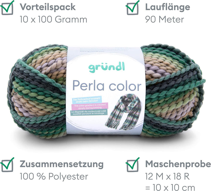 Gründl 3354-27 Perla Color Wolle, 100% Polyester, grasgrün-aubergine-cremerosa multicolor, 40 x 20 x