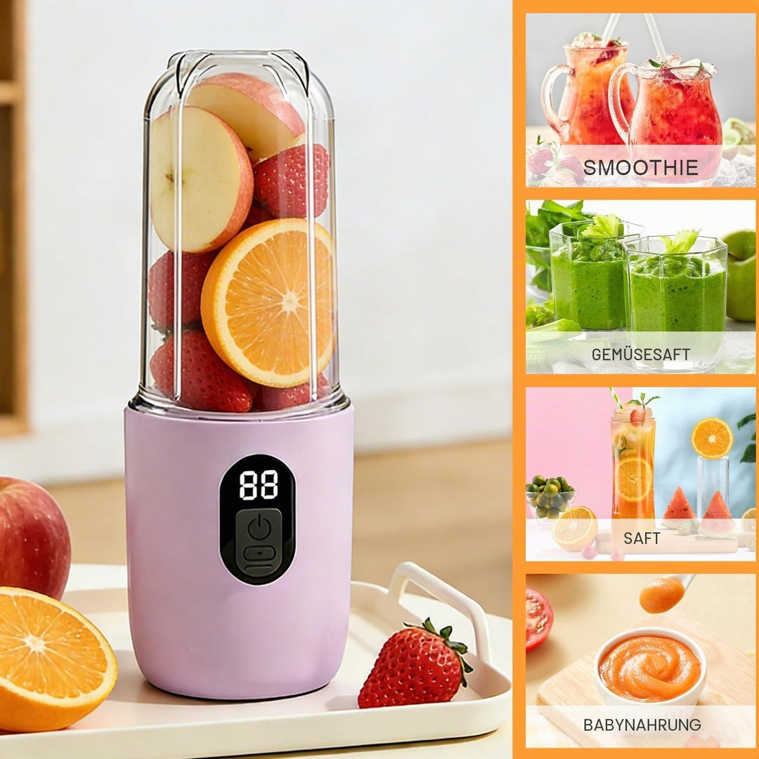 Tragbarer Mixer 500ML, Smoothie Maker to go mit Digitalanzeige &amp; 16-Blatt Klingen Edelstahl, USB Auf