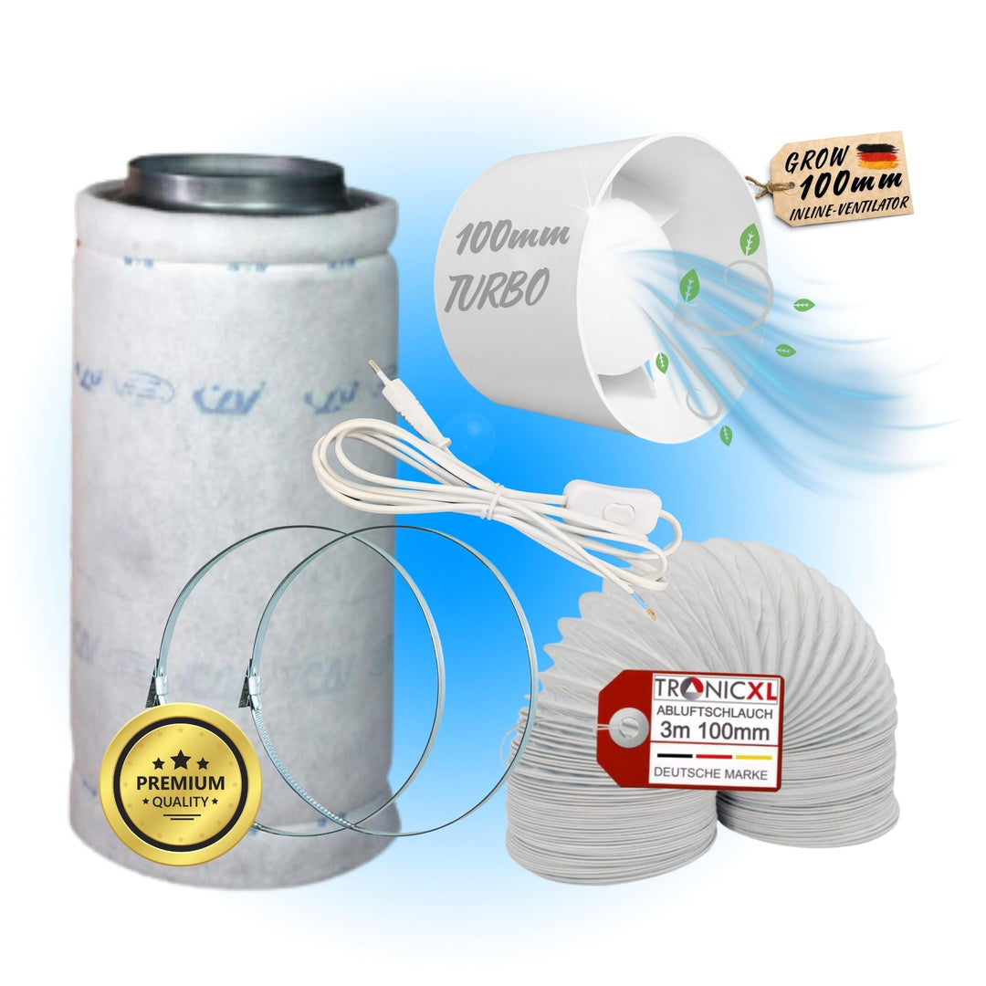 TronicXL Grow Abluft Set 100mm leise Belüftungsset für Growbox Aktivkohlefilter Lüfter Abluftlüfter