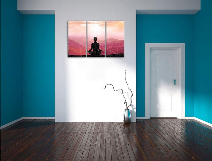 Pixxprint Meditierender Mensch in den Bergen Kunst Buntstift Effekt 3-Teiler Leinwandbild 120x80 Bil