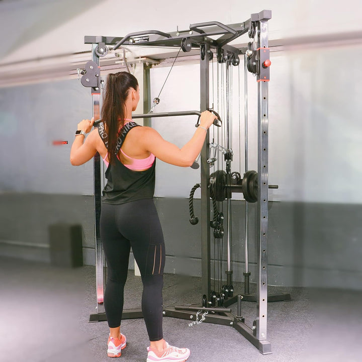 Train Hard® Kabelzug Trainer Latzugstation Kraftstation Cross Over mit Klimmzugstange, Bizeps- / Tri