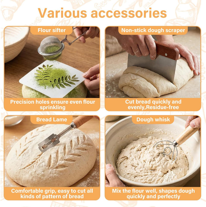 Gärkörbchen Für Sauerteig Starter Set, 2 Gärkorb Brot(23cm rund & 25cm oval), 900ml Sauerteig Glas S
