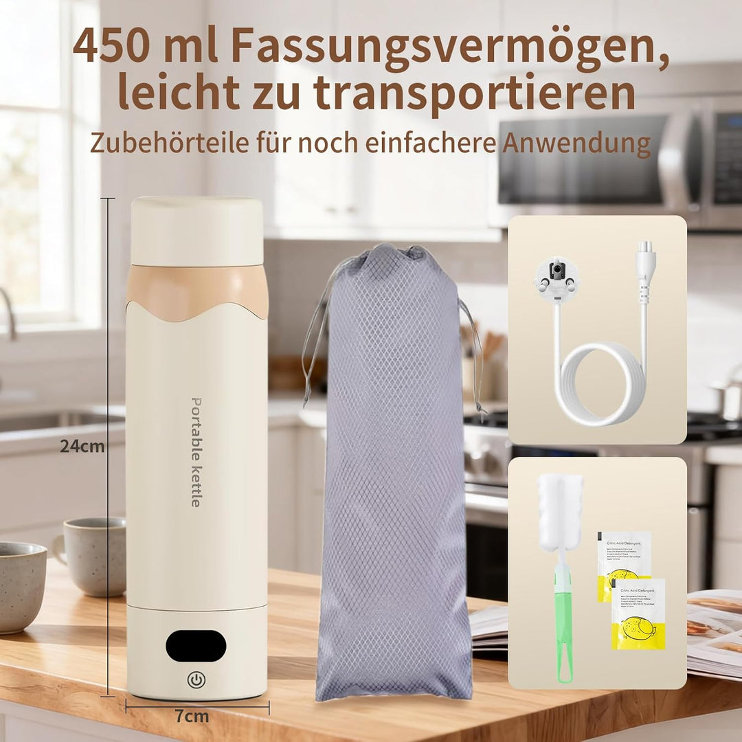 450 ml Reisewasserkocher Klein mit 4 Temperatureinstellungen, Doppelschicht 304 Edelstahl, 6 Stunden