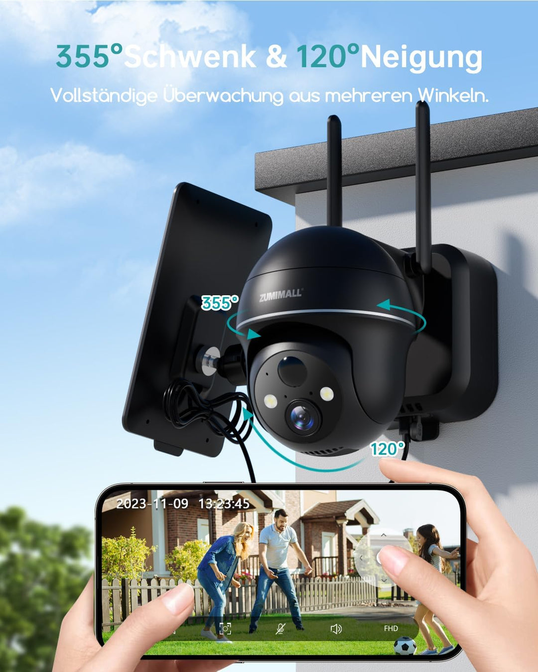 ZUMIMALL 2K Solar Überwachungskamera Aussen | 355°/120° PTZ Kamera Outdoor, PIR Bewegungsdetektion,