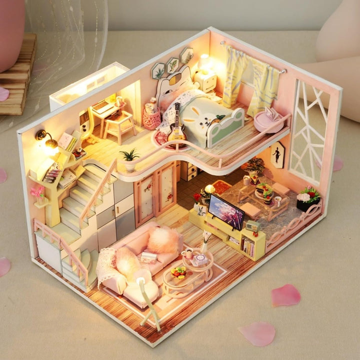 CUTEROOM DIY Miniatur Puppenhaus Kit, Modernes Holz Spielhaus mit Möbeln und Musik, Miniatur Haus, K