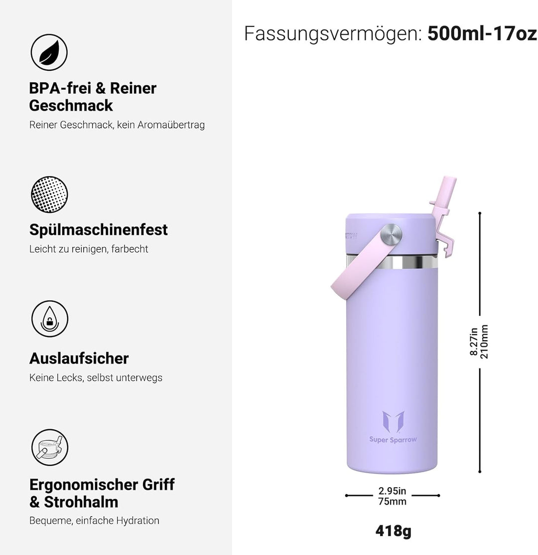 Sparrow Trinkflasche Edelstahl 500ml - Weiter Öffnung SwivelSip Thermosflasche mit Strohhalm - BPA-f