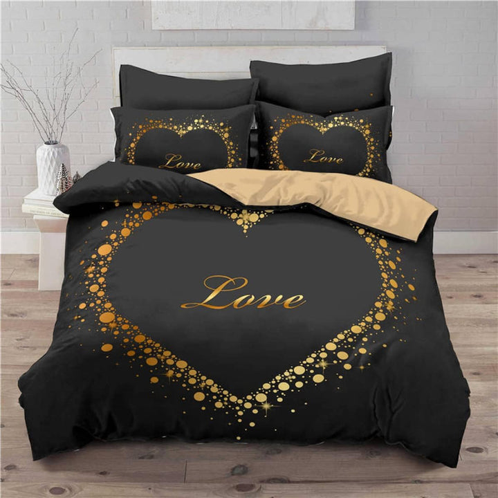 Freyamy 3D Aesthetic Bettwäsche 220x240cm 3teilig Schwarz Gold Herzmotiv Liebe Modern MikrofaserKind