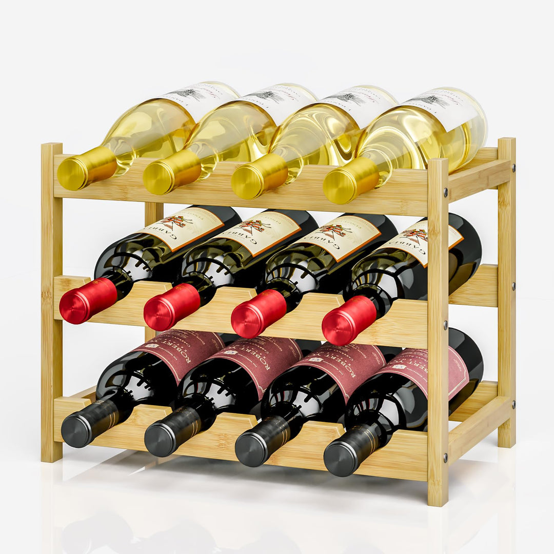 Dripex Weinregal klein, Flaschenregal mit 3 Ebenen, Flaschenhalter 12 Flaschen, Holz Weinständer ste