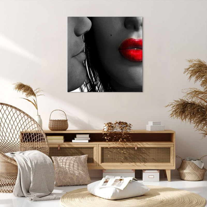 Bilder auf Leinwand 70x70cm Leinwandbild Rote Lippen dunkles Haar Modell Liebe Gross Wanddeko Bild S