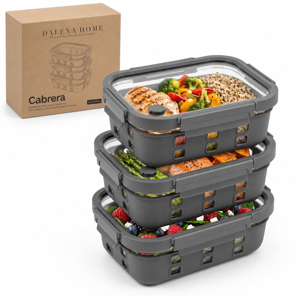 Meal Prep Boxen Set 3x1020ml – Borosilikatglas, auslaufsicher, stapelbar, mikrowellengeeignet, mit S