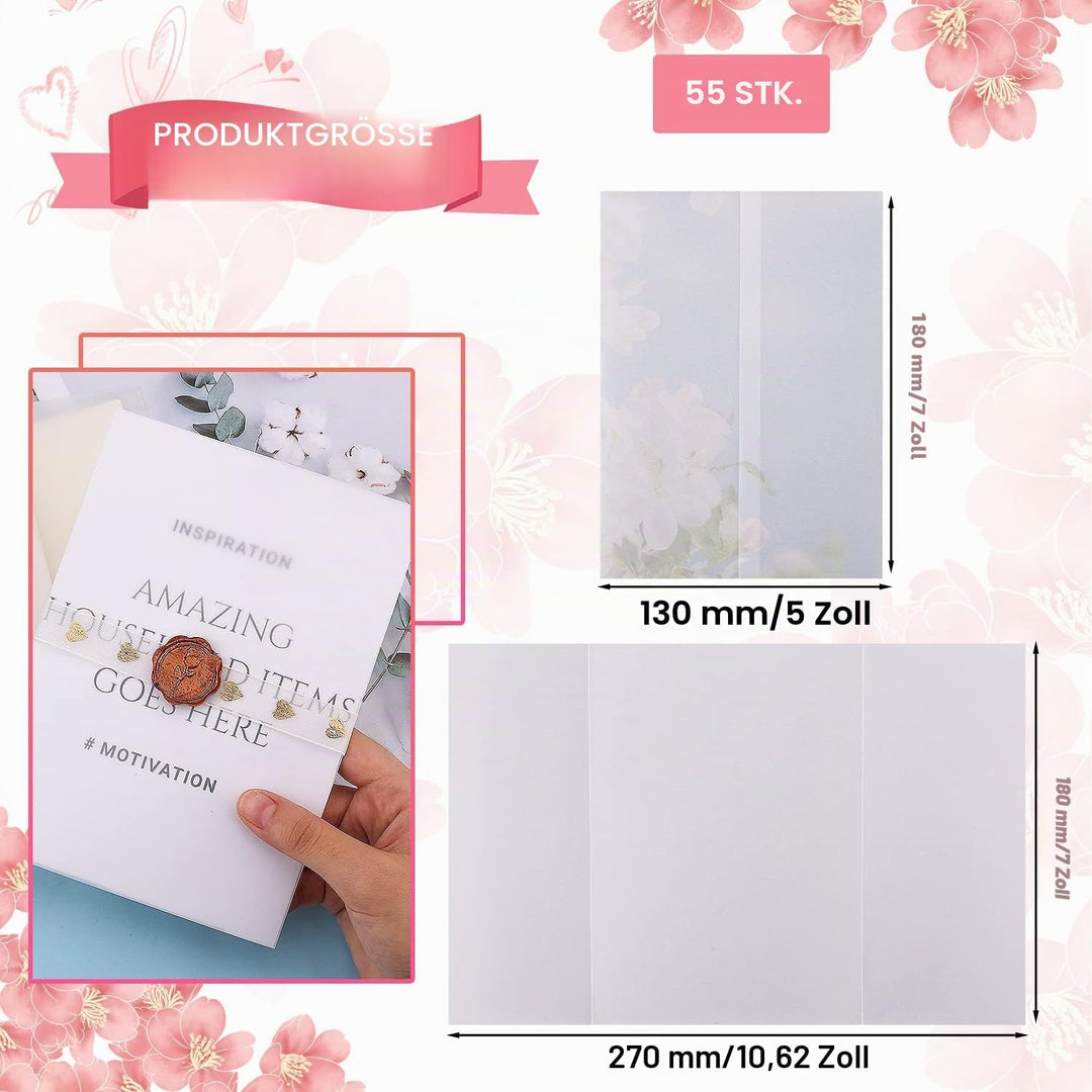 55 Stück Pergamenthüllen für Einladungen im Format 13x18cm, Vorgefaltet Vellum Jacket Durchscheinend