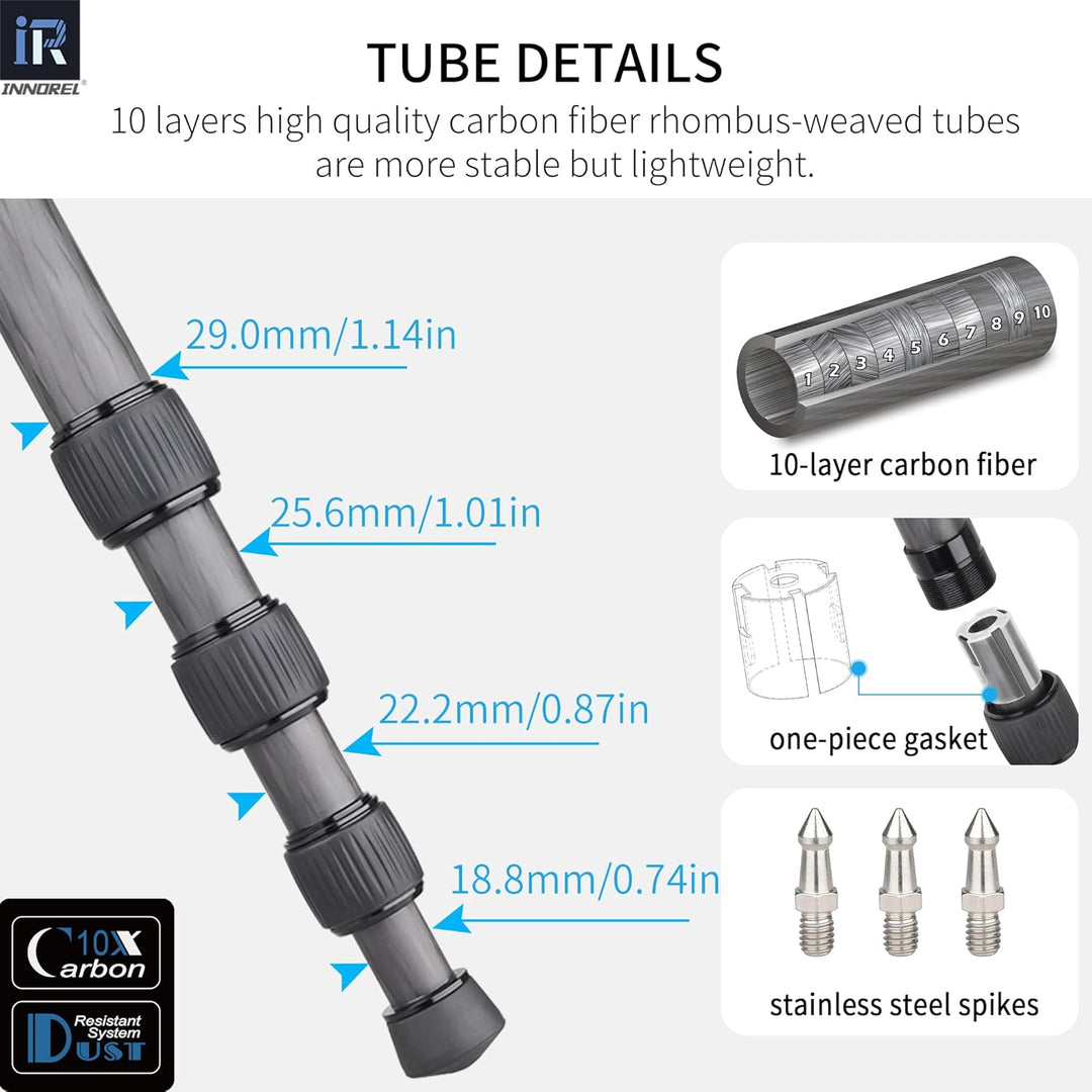 INNOREL RT75CM Kohlefaser-Stativ 172cm 2-in-1 Dreibeinstativ Einbeinstativ Fachmann Schwerlast Kamer