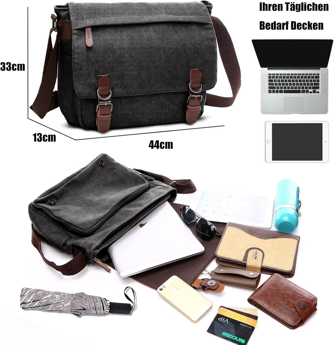 CALIYO Umhängetaschen Herren aus Canvas Schultasche Queformat A4 Laptoptasche für 15,6 Zoll Laptop A