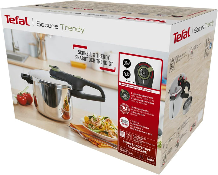 Tefal P2584402 Secure Trendy Schnellkochtopf 8 L mit Korb | 2-Stufen-Garregler: Intensivstufe 117°C,