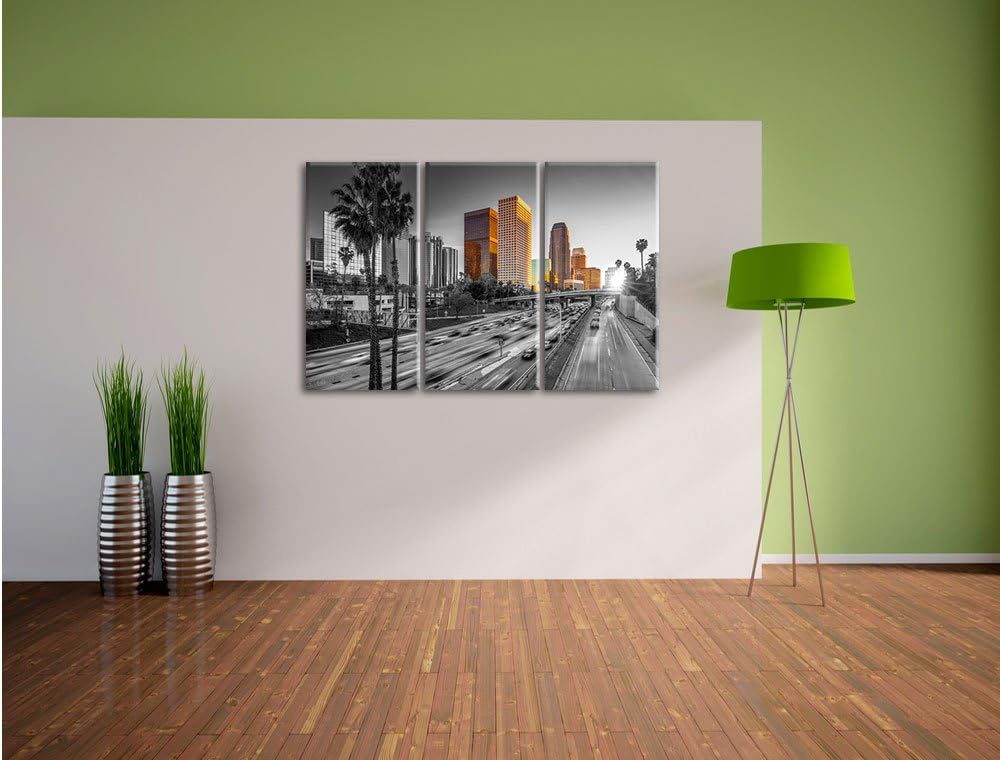 Pixxprint Strassenverkehr in Los Angeles Schwarz/Weiss 3-Teiler Leinwandbild 120x80 Bild auf Leinwan