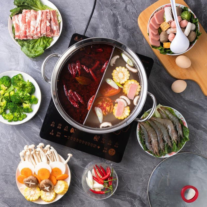 HEMOTON Hot Pot mit Trennwand Edelstahl Shabu Shabu Topf mit Glasdeckel Kochgeschirr Set Hot Pot Sup