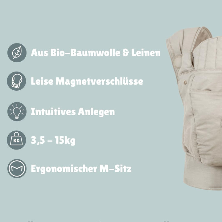 emma & noah Premium Babytrage – mitwachsend 3,5–15kg, ergonomisch, leise Magnetverschlüsse, gepolste
