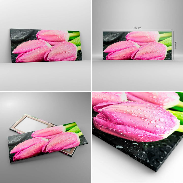 Wandbilder Dekoration Wohnzimmer Tulpen Tau Steine Pflanze Panorama Bilder auf Leinwand 120x50cm Lei