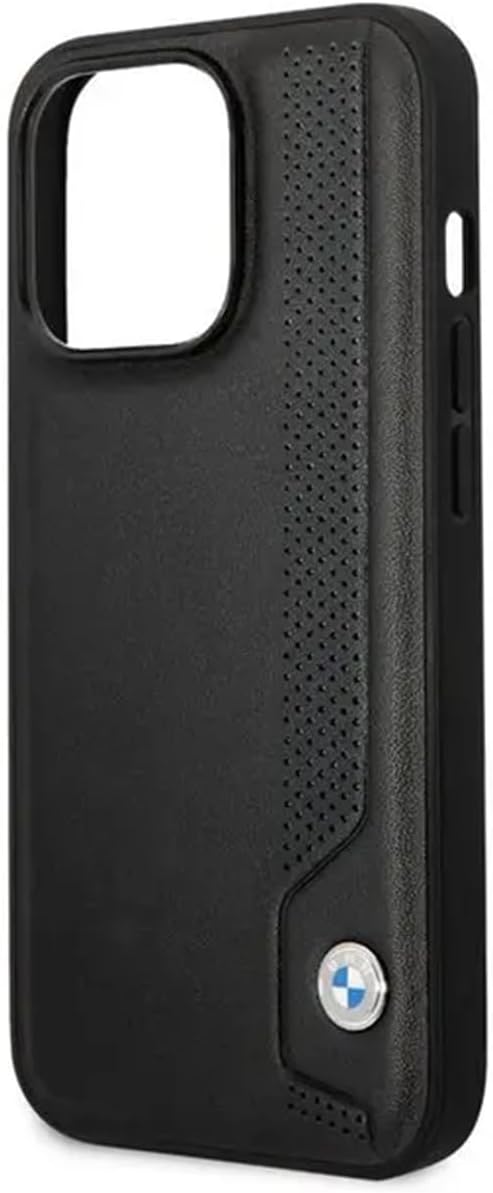 BMW Handyhülle für iPhone 14 Pro Max Signature Collection in Black Line und Dots, Echtleder-Schutzhü
