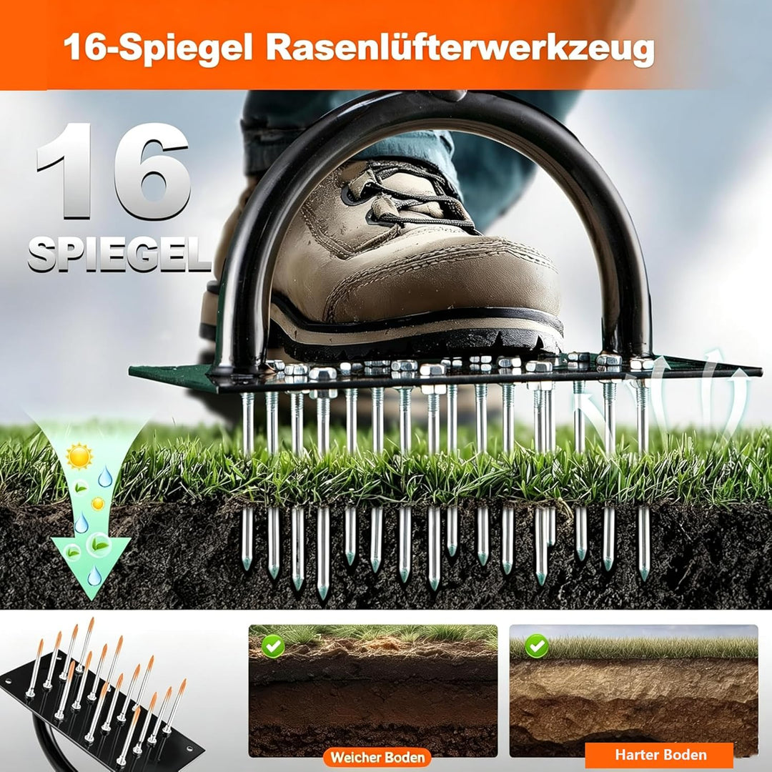 Rasenlüfter Aerifizierer für Rasen– Manuelles Rasen Belüften Gerät mit Doppelplatte, 16 Spikes& 4 Fe