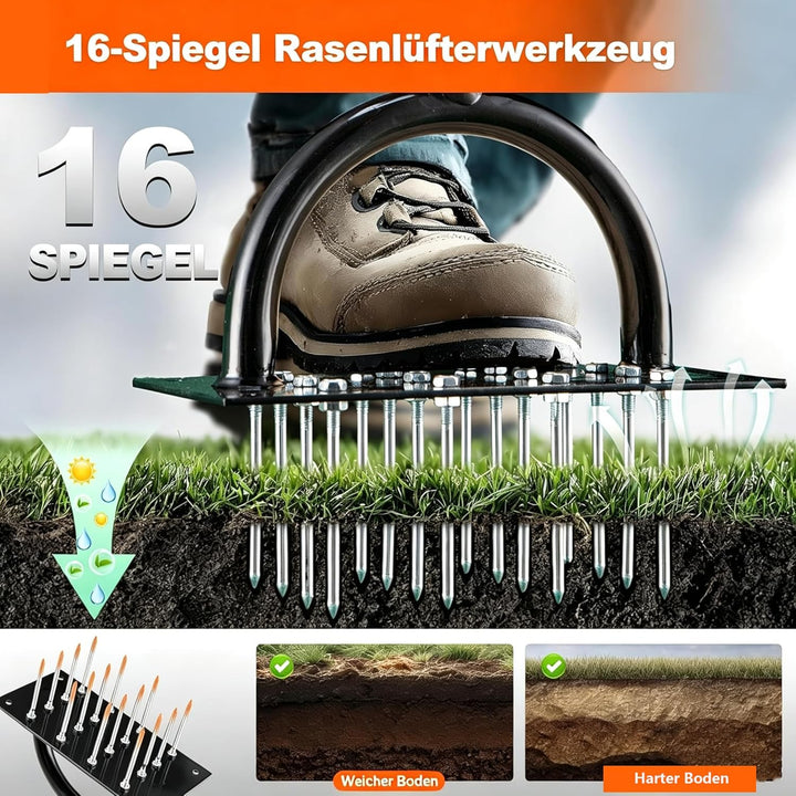Rasenlüfter Aerifizierer für Rasen– Manuelles Rasen Belüften Gerät mit Doppelplatte, 16 Spikes& 4 Fe