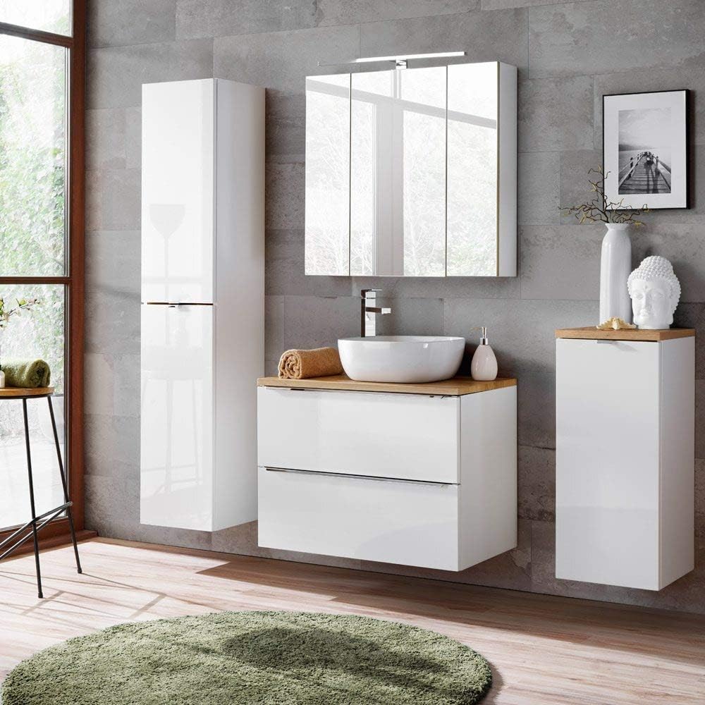 Lomadox Badezimmer Unterschrank mit Wäschekorb in Weiss-Hochglanz B/H/T ca. 35/80/35cm, Weiss