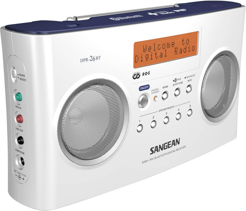 Sangean DPR-26BT tragbares DAB+ Digitalradio (UKW-Tuner, Bluetooth, AUX-In) weiss