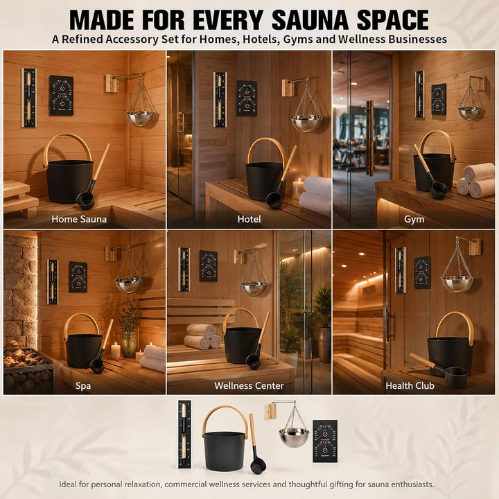 5-Teilig 7L Sauna Eimer mit Kelle, Alu Saunazubehör mit Sanduhr/Aromaschale