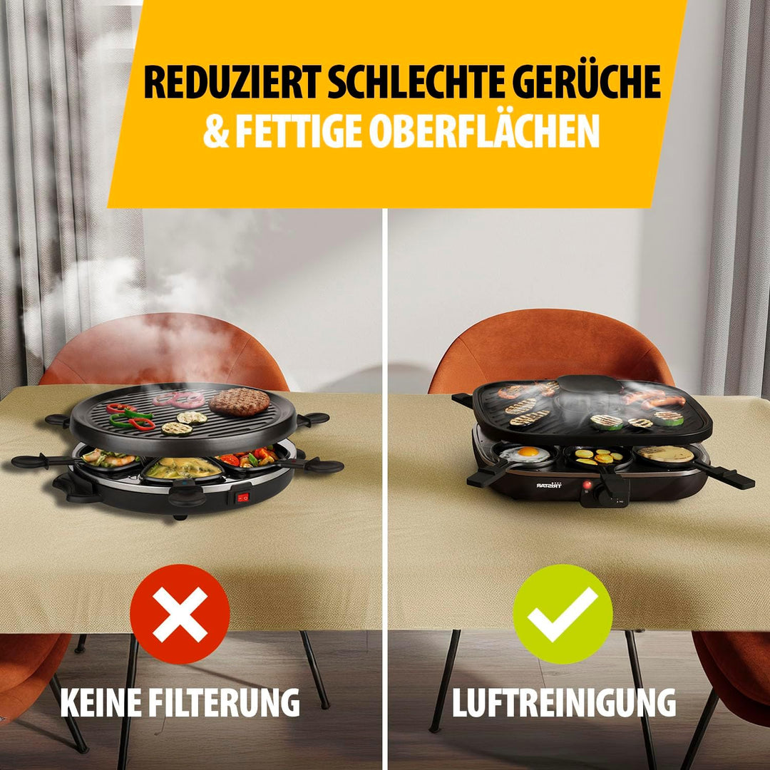 Tristar Raclette Clean Air, 1100 W, Für 6 Personen, Luftfiltersystem, Geruchsarm, Antihaft, PFAS-fre