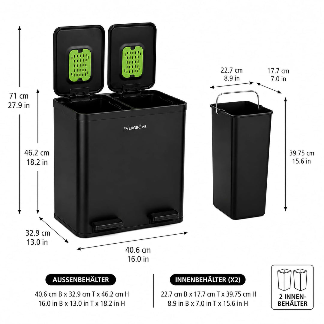 EverGrove 30-Liter-Mülltrennsystem, 2 x 15 L | Gehäuse, Deckel und Pedale aus Edelstahl; zwei PP-Inn