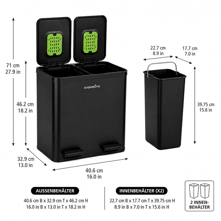 EverGrove 30-Liter-Mülltrennsystem, 2 x 15 L | Gehäuse, Deckel und Pedale aus Edelstahl; zwei PP-Inn