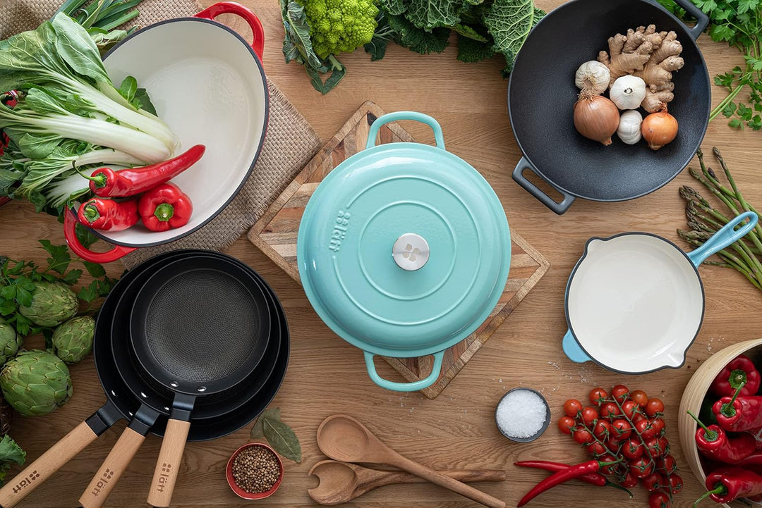 Wok aus Gusseisen, 31 x 8,5 cm, geeignet für Induktion, Glaskeramik, Gas und Grill, gleichmässiges G