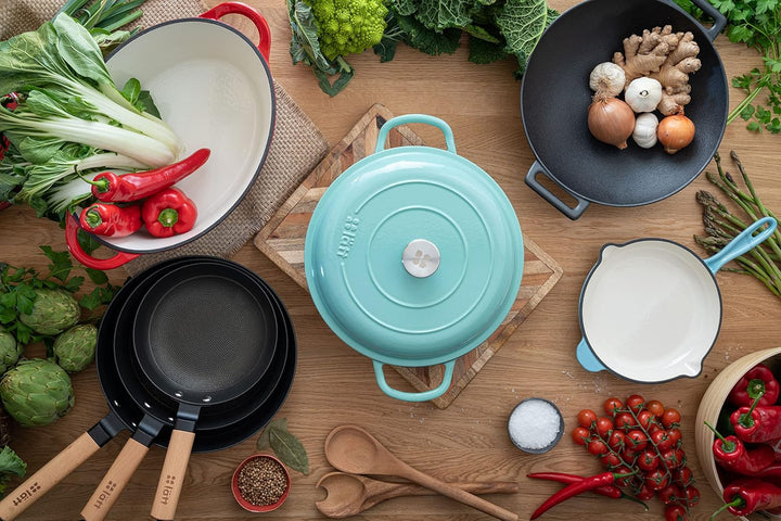 Wok aus Gusseisen, 31 x 8,5 cm, geeignet für Induktion, Glaskeramik, Gas und Grill, gleichmässiges G