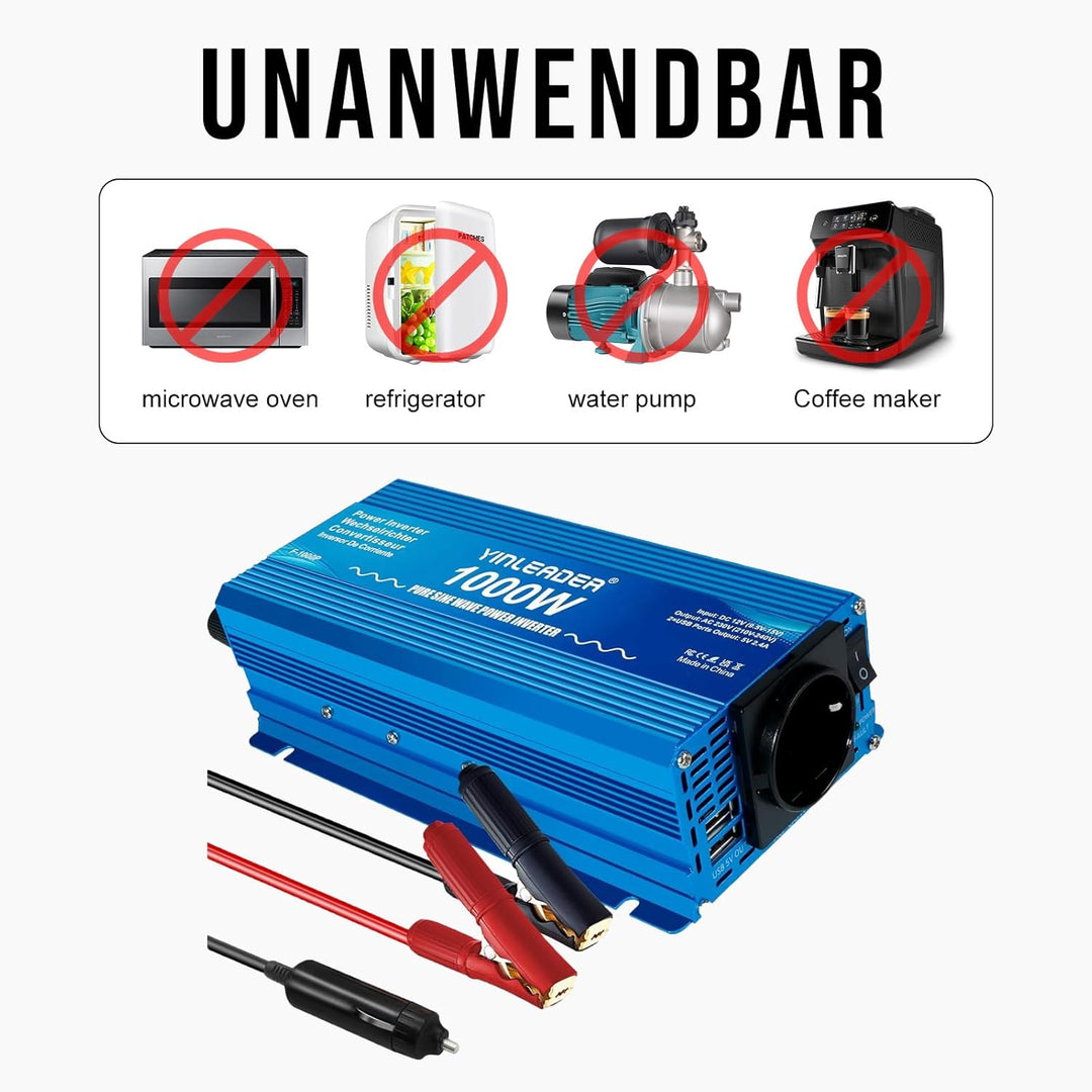 Yinleader Wechselrichter 1000W /2000W 12V 230V Reiner Sinus Spannungswandler mit 1 Steckdose 2 USB A