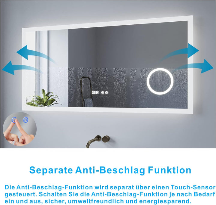 Badezimmerspiegel mit Licht Schminkspiegel Digital Uhr 120x60 cm Badspiegel mit LED Beleuchtung Kalt