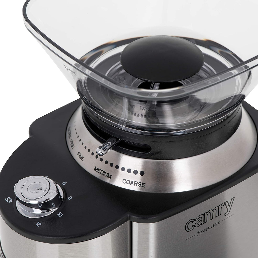 Adler CAMRY CR 4443 Kaffeemühle mit Kegelmahlwerk, 200W, Gehäuse aus Edelstahl, 16 Mahlgrade, Volume