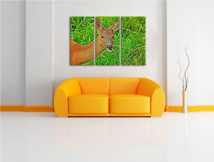 Reh beim Fressen 3 Teilig, Gesamtgrösse 120x80 cm auf Leinwand, XXL riesige Bilder fertig gerahmt mi