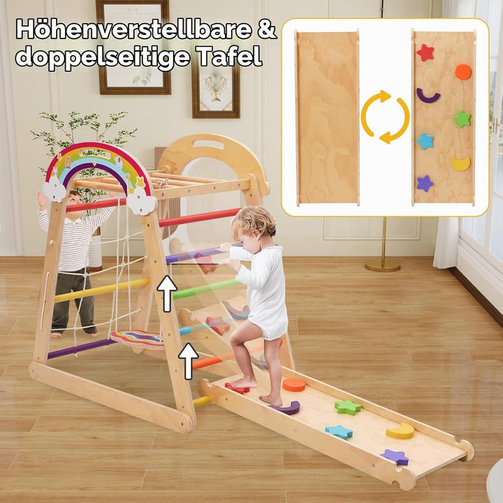 Montessori Klettergerüst, 5 in 1 Indoor Spielplatz für Kinder, mit Schaukel, Bogen, Rutsche und Klet