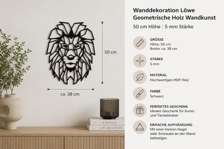Pet-Jos Löwe Wanddekoration Holz Löwe Wanddeko Geometrische Ornamente Minimalistische Wandkunst Häng