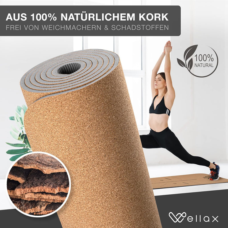 Wellax Yogamatte Kork - 100% natürliche Yogamatte rutschfest [183x66x0,6 cm] - Besonders dick & scha