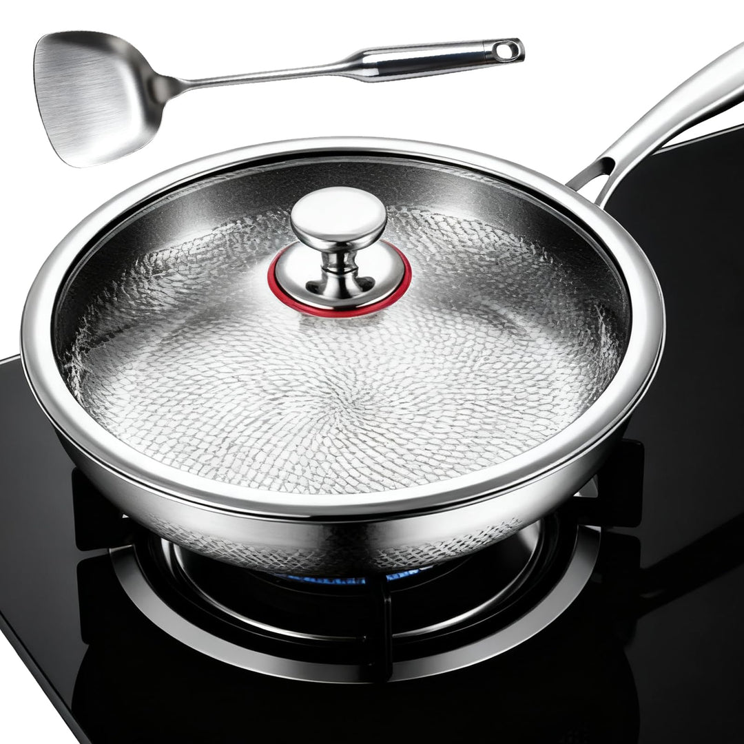 Titan Pfanne, 28CM Titanpfanne Mit Deckel und Spatel, Titanium Hammered Pan 5 Schichten Verdickt, Ti