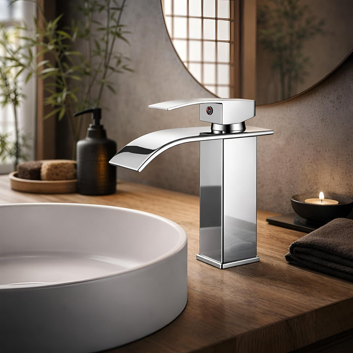 HEA Waschtischarmatur Wasserhahn Bad Chrom Waschbecken Einhebel Wasserfall für Badezimmer Wasserhahn