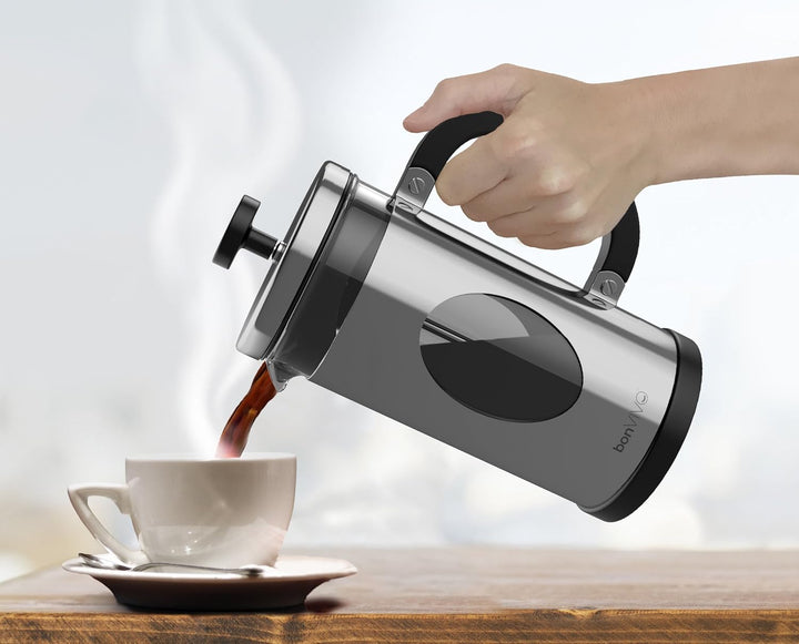 bonVIVO French Press 1L Silber – Kaffeebereiter gross aus Glas & Edelstahl – Kaffeepresse 8 Tassen –