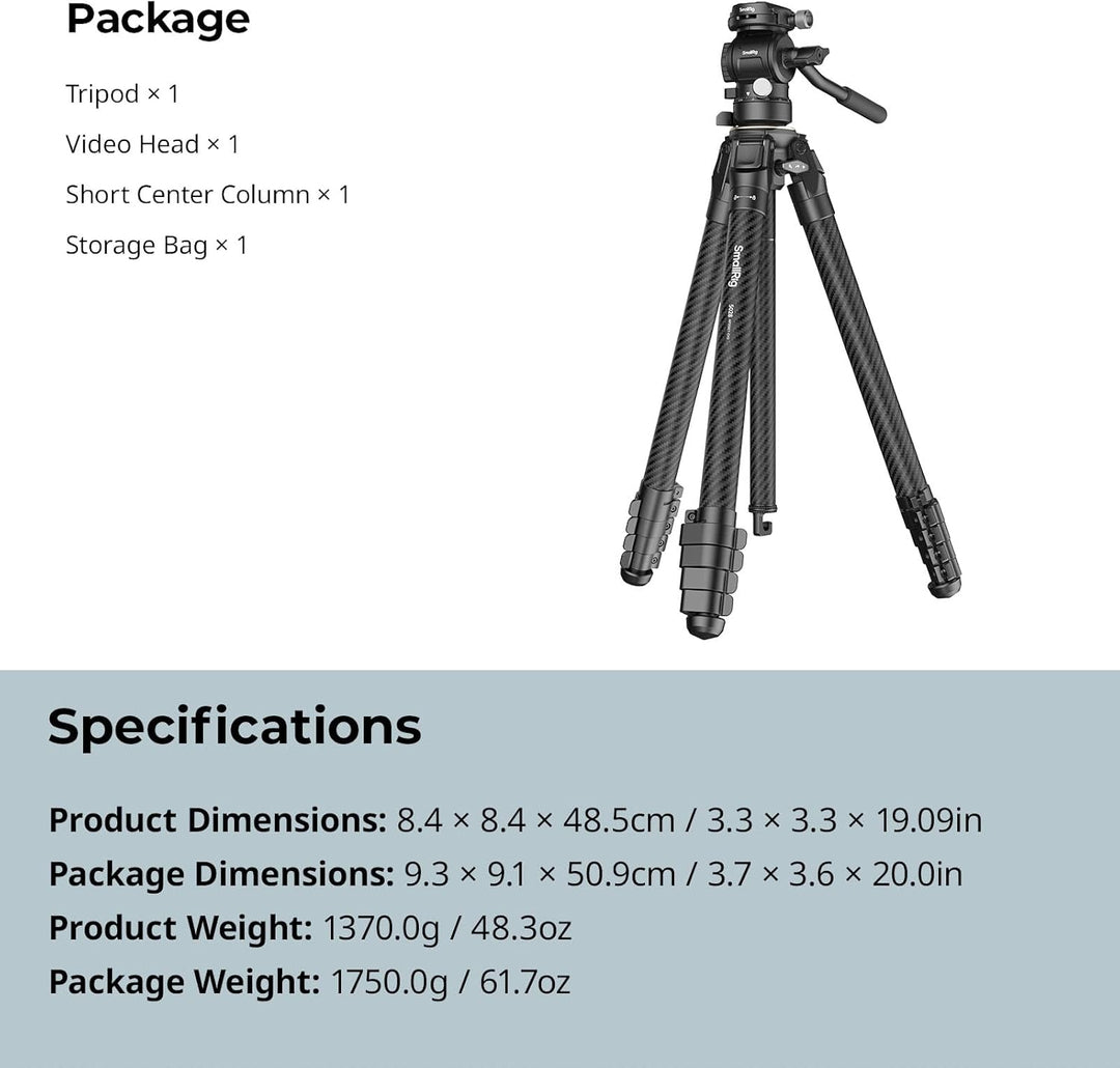 SMALLRIG Tragbares Reisestativ Set aus Kohlefaser, Trípode 158mm/61,8 Zoll Videokamera Stativ, Einbe