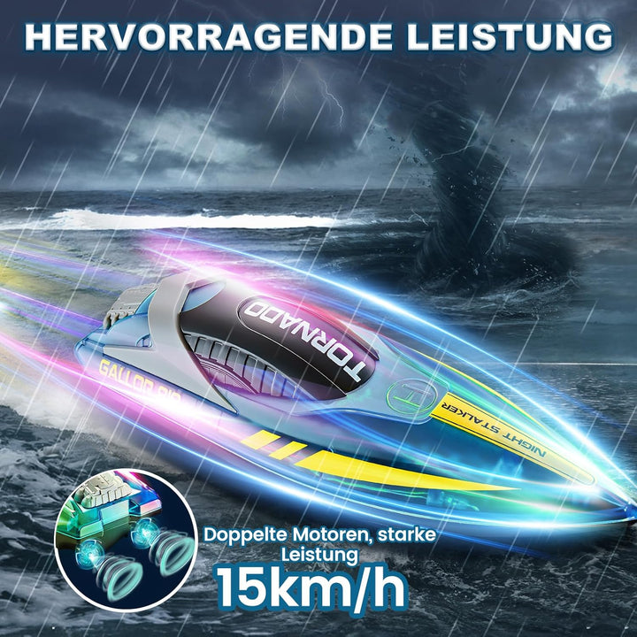 JONRRYIN Ferngesteuertes Boot, RC Boot mit LED-Licht für Pools und Seen, 2,4 GHz Ferngesteuerte Boot