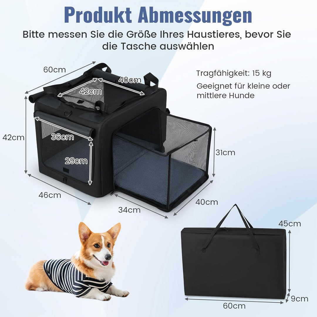 COSTWAY Hundebox faltbar, Transportbox Hund mit 2 Öffnungen, Fenster, Netzkorb, Griffen & Tasche, Hu